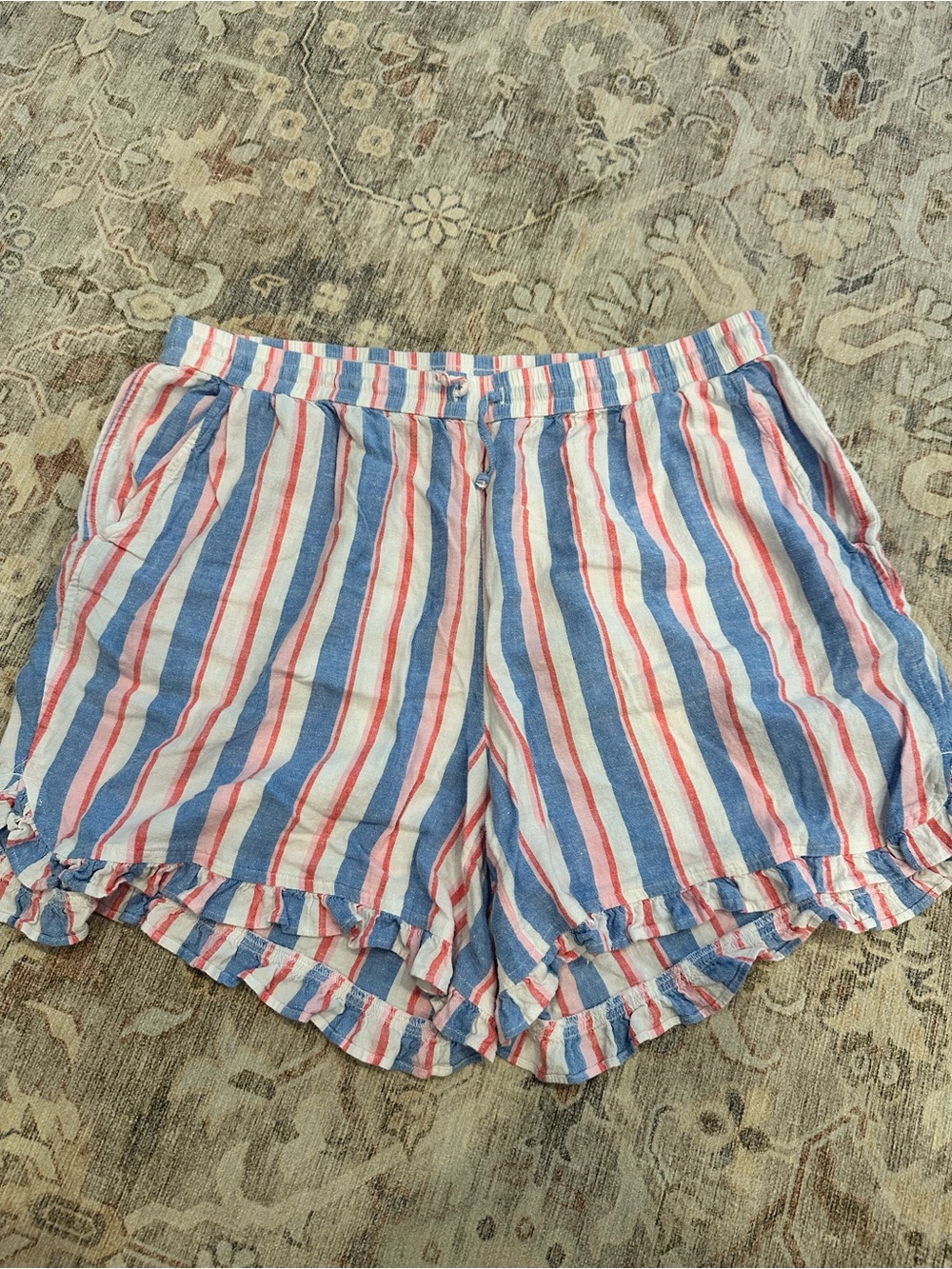 crown & ivy Blue, Red & White Striped Ruffle-Hem High Waist Shorts